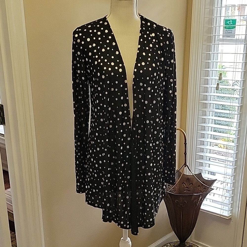 AMANA Black Metallic Gold Crinkle Polka Dot openfront cardigan long sleeve L New